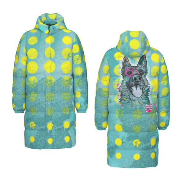Warme Wintermantel mit Hundemotiv Eddy – Popart Hundemotiv, 90% Daunen, 10% Federn, bunt, stylisch, Schäferhund, Deutscher Schäferhund, German Shepherd, Mix, SOKA, Listenhund, Größe XS- 4XL - Kopie